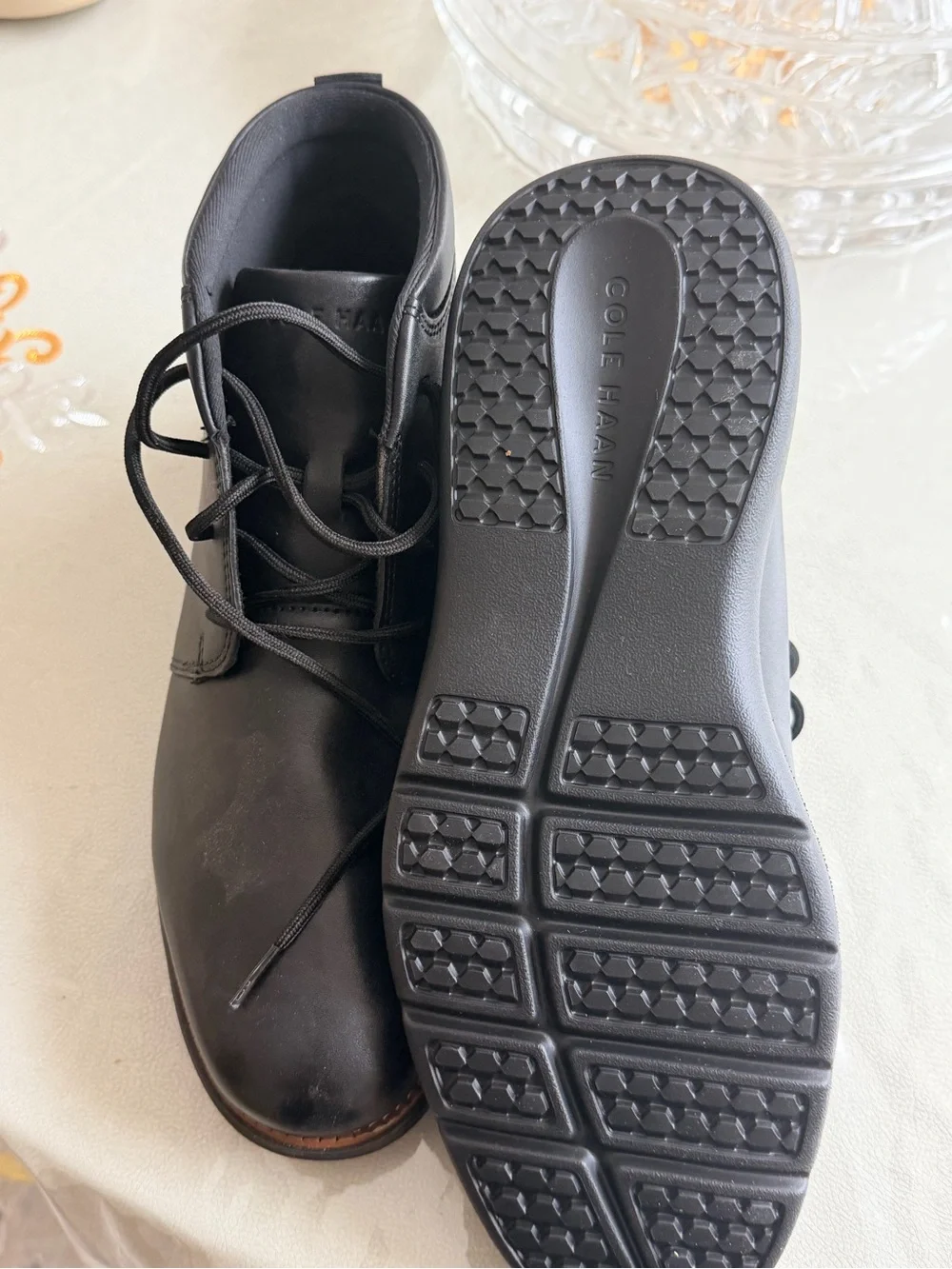 Cole Haan Black Leather Lace-Up Boat Shoes with Brown Welt